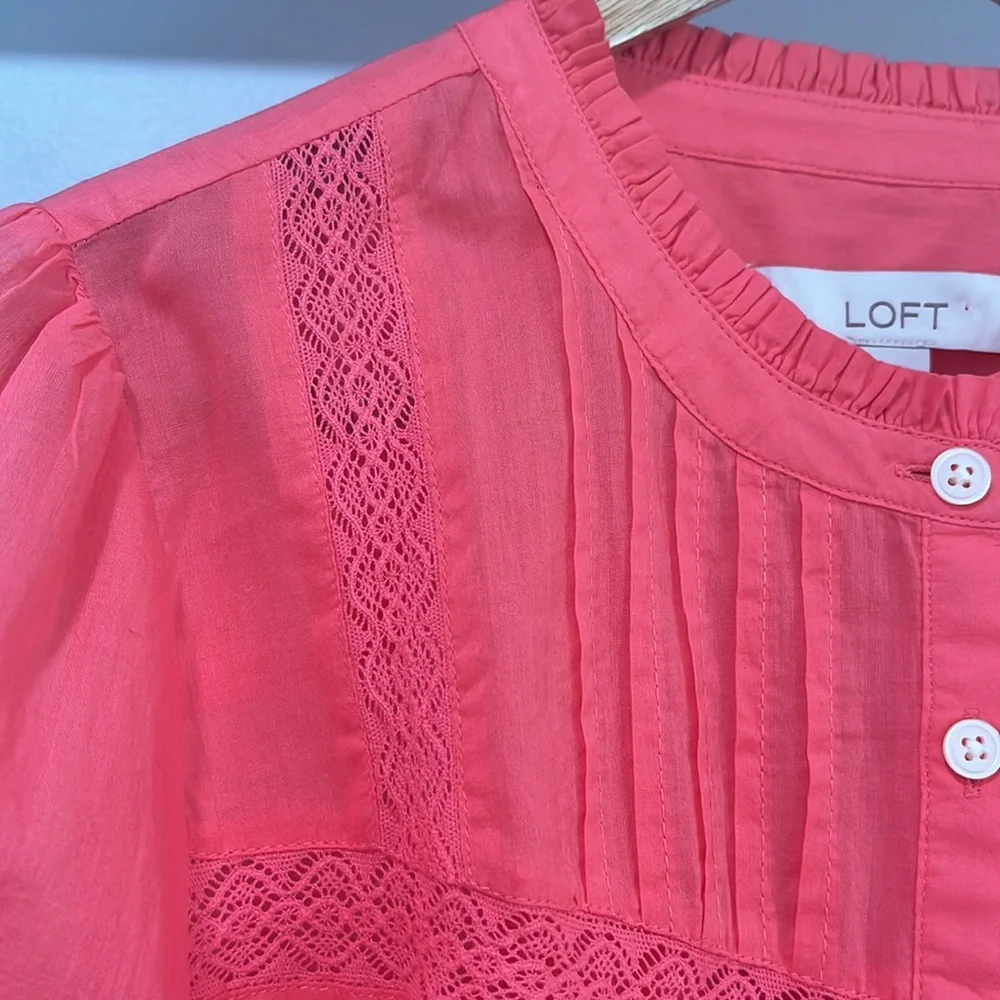 LOFT Embroidered Pleated Yoke Blouse Top, Size L